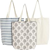 3 Pack Small Reusable Tote Bags for Women, Canvas Cloth Bags for Shopping, 3 Designs (15 x 16.5 In)