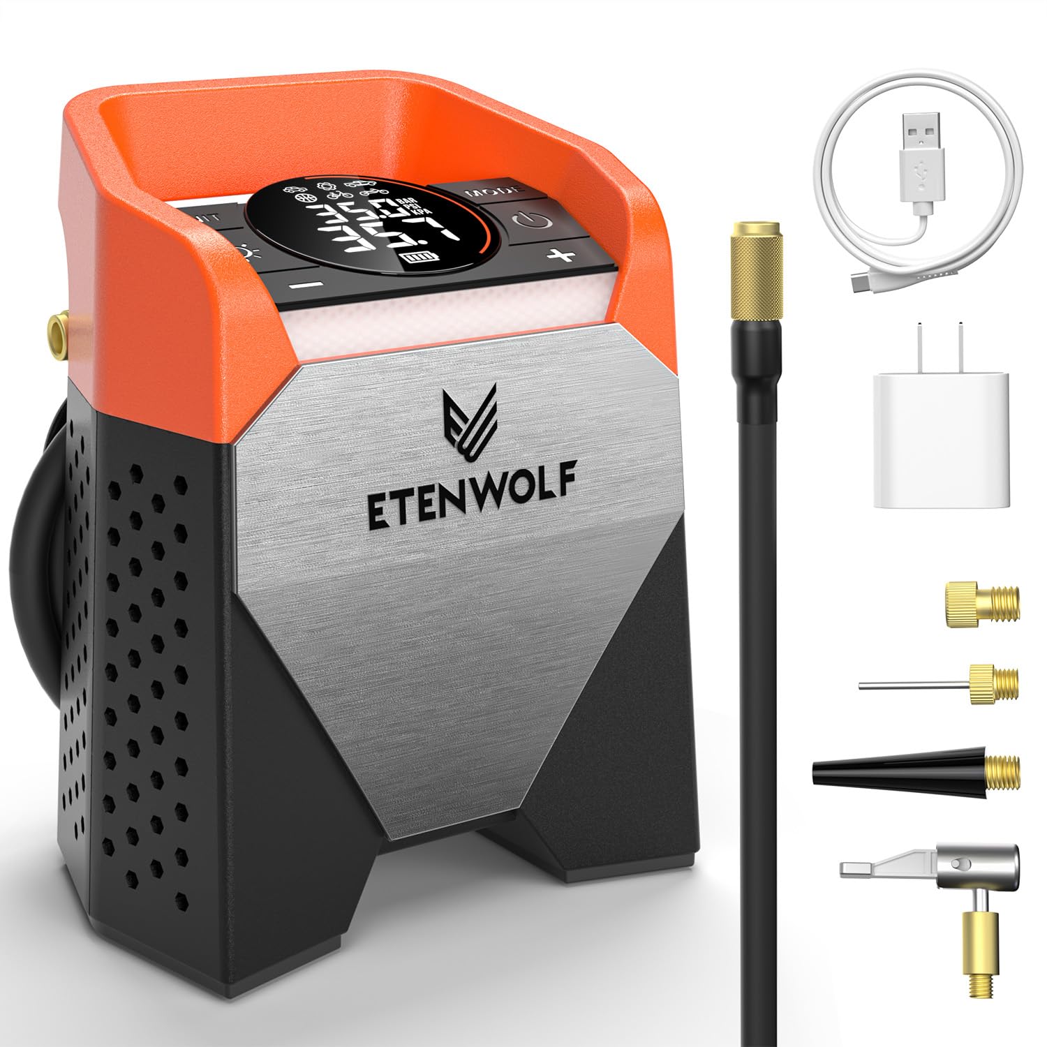 Photo 1 of ETENWOLF Zephyr S5 Heavy-Duty Tire Inflator Portable Air Compressor, 160PSI &15600mAh Cordless Air Pump with LED Light for Car Tires, Bike, Motorcycle, Balls, Pickups (Vivid Orange)