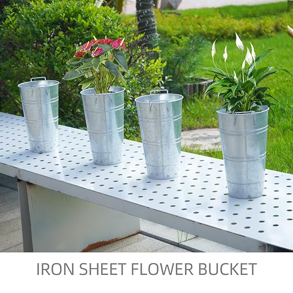 NOTAKIA 8 PCS 12 INCH LARGE GALVANIZED METAL VASES FARMHOUSE FRENCH FLOWER BUCKET VASES FOR CUT FLOWERS FOR HOME DECOR AND WEDDING TABLE CENTERPIECE DECORATIONS (LARGE SILVER)