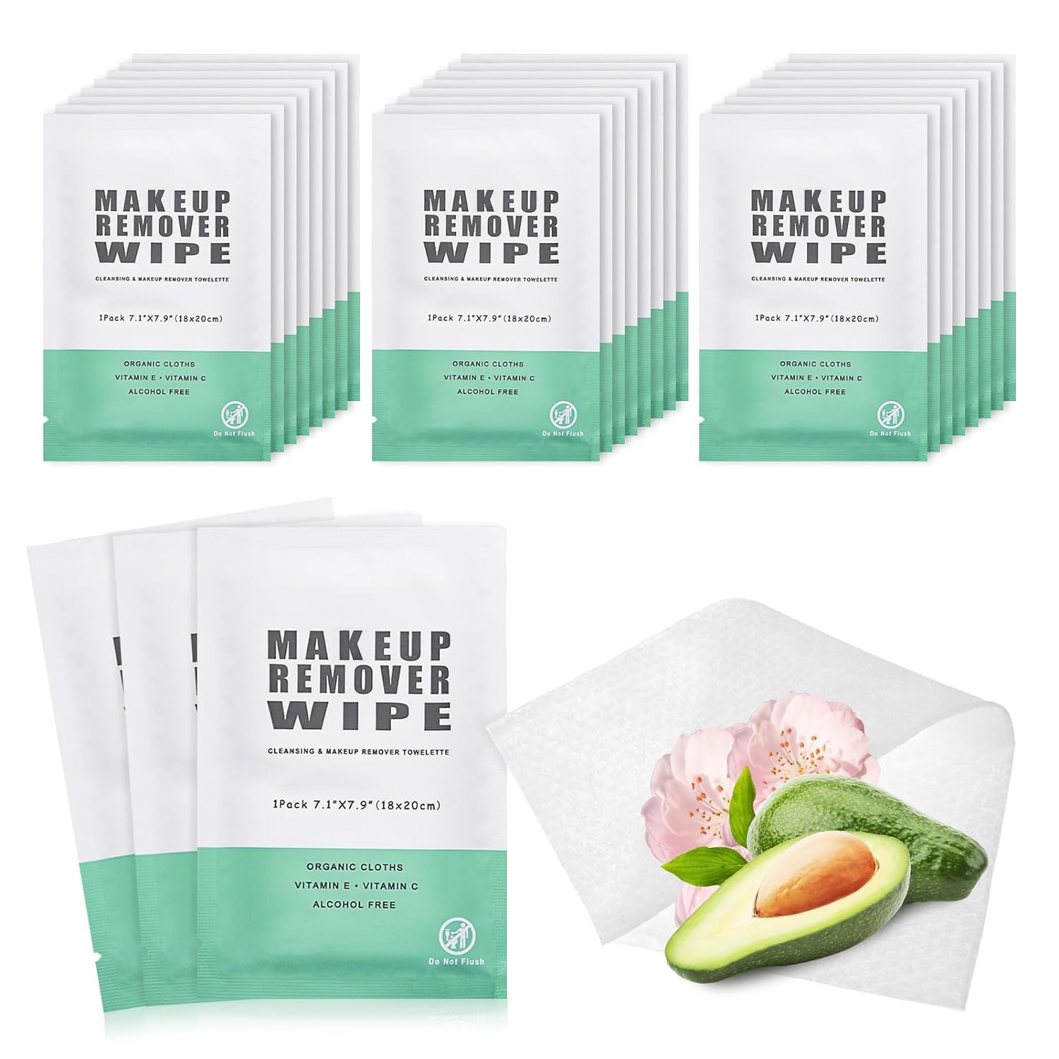50 Count Makeup Remover Wipes Individually Wrapped Makeup Wipes Bulk Face Cleansing Wipes,Individual Wet Wipes, Travel Towelette Makeup Remover Cloth for Face Cleansing Skin Care Remove Makeup(green)