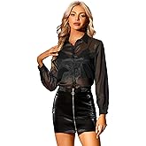 Allegra K Sheer Button Up Blouse for Women's See Through Mesh Long Sleeve Shirt Tops