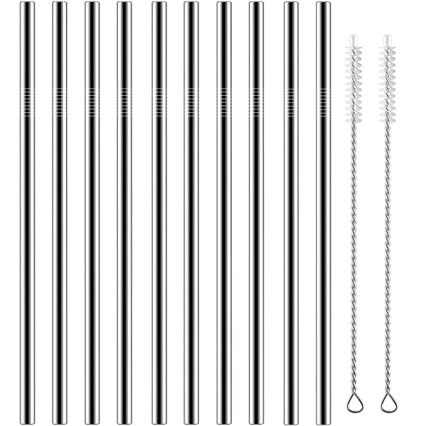 SET OF 10 STAINLESS STEEL STRAWS, HUAQI STRAIGHT REUSABLE STRAIGHT DRINKING STRAWS 10.5” LONG 0.24‘’ DIA FOR 30 OZ TUMBLER AND 20 OZ TUMBLER, 2 CLEANING BRUSH INCLUDED