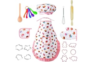 CACASO 22Pcs Kids Chef Role Play Costume Set,Toddler Cooking Apron Set,Apron&Chef Hat for Dress Up Chef Costume Play for Kids