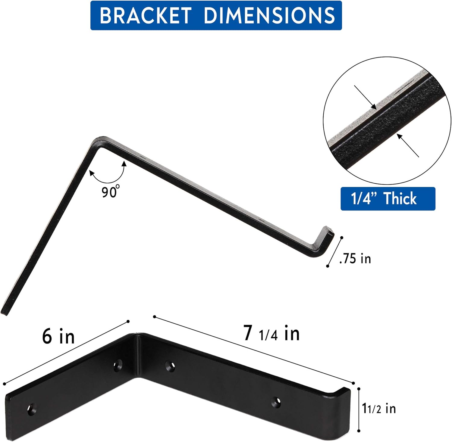 1/4" Thick Heavy-Duty Shelf Brackets - Rustic Modern Farmhouse Iron Metal Wall Floating Brace Support with Lip for DIY Open Shelving - Includes Hardware - Multiple Sizes Available 4-PK (7.25"): Home Improvement