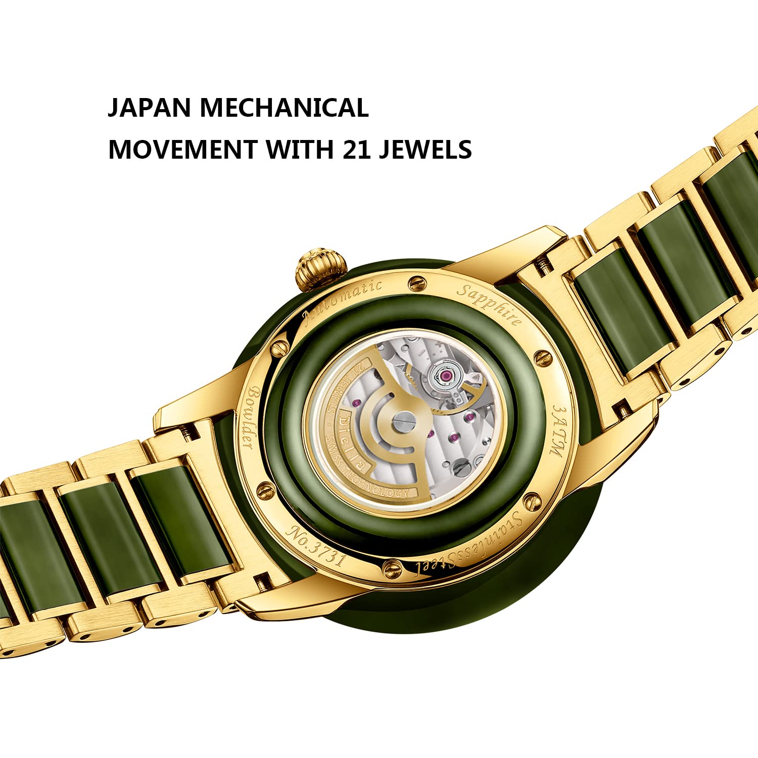 Diella Automatic Watches for Men and Women,Luxury Jade Wrist Dress Watch with Luminous Display,Waterproof