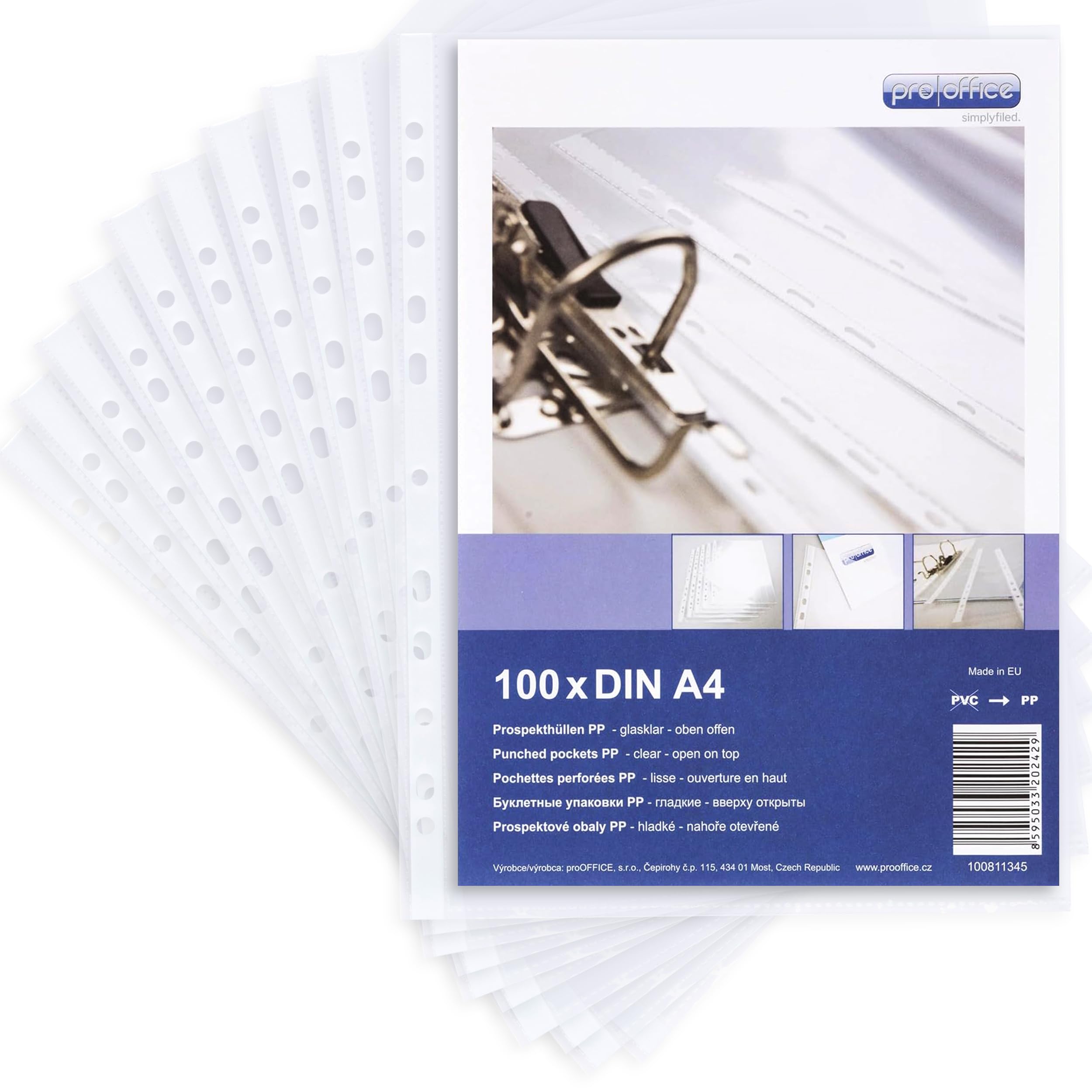 proOffice 100 x A4 Clear Document Wallets 0.08mm Thick