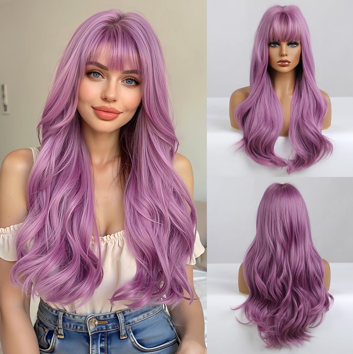 Esmee 26 Inches Long Purple Wig with Bangs Natural Synthetic Hair Wavy Wigs for Women Daily Party Cosplay Wear