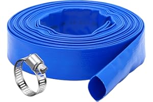 DAVCO 1.25" x 50 ft Pool Backwash Hose, Heavy Duty Reinforced Blue PVC Lay Flat Water Discharge Pump Hoses For Swimming Drain Pools and Clean Filters,with 1 Clamp