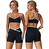 ABOCIW Workout Sets for Women 2 Piece Color Block Strappy Sports Bra Crossover High Waist Shorts Gym Yoga Pilates Outfits