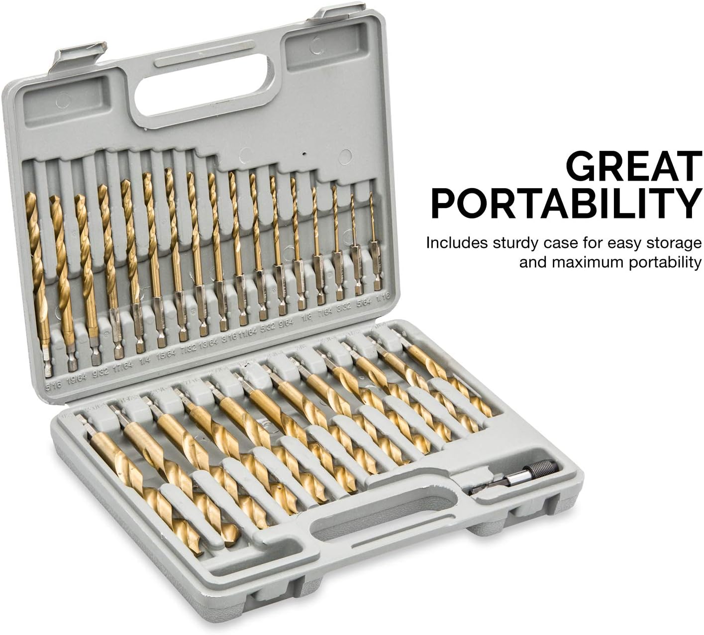 Tooluxe 10055L Titanium Coated Hex Shank Drill Bit Set, 30 Piece | Quick Change Design | 1/16" - 1/2" - Jobber Drill Bits - 