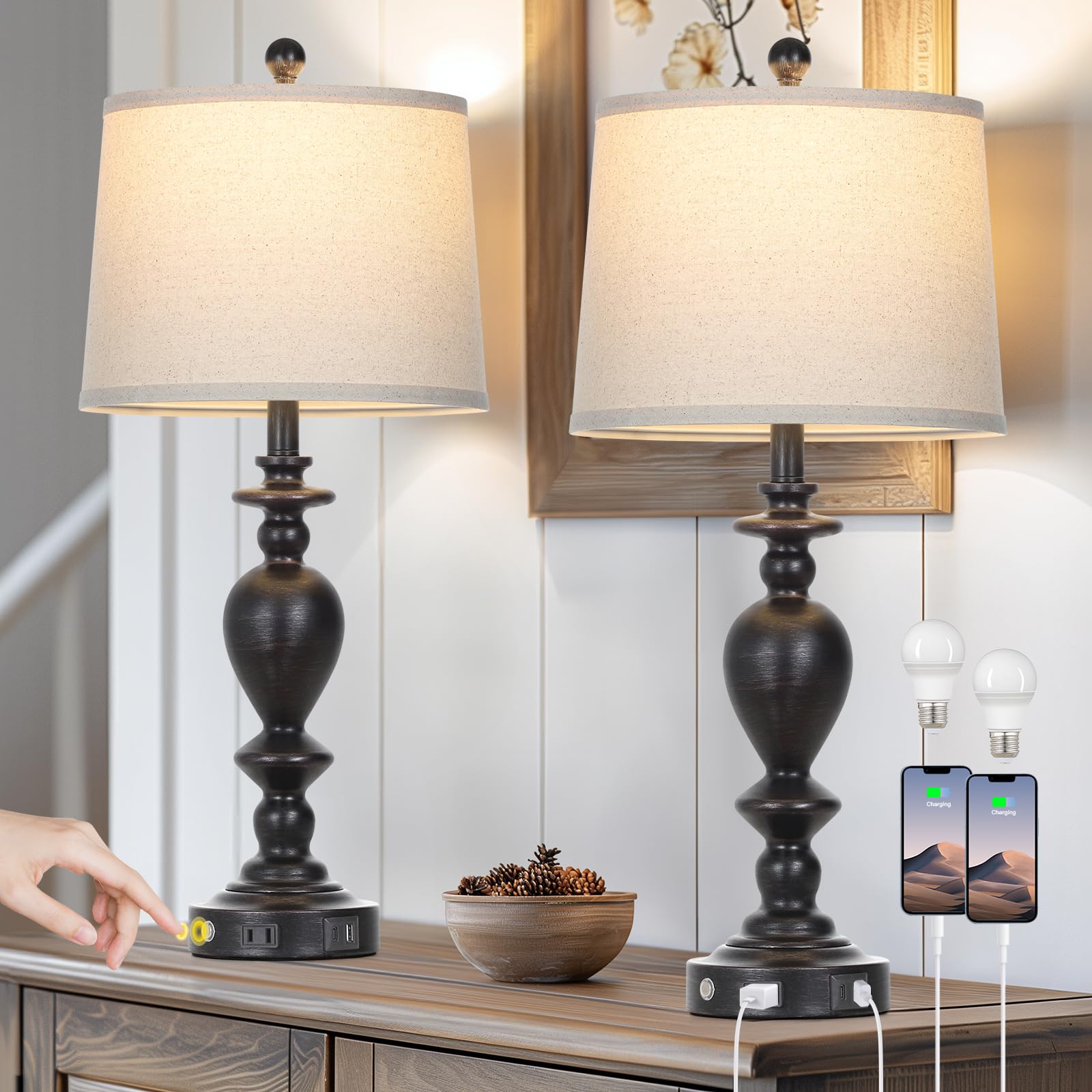 Cinkeda 28" Black Farmhouse Table Lamps Set of 2 with USB C+A Ports