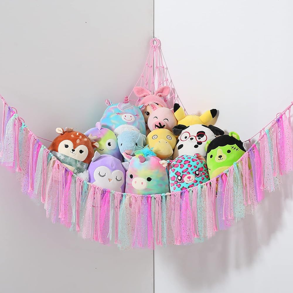 VISATOR Toy Hammock for Stuffed Animals Macrame Storage Net 55"x42"