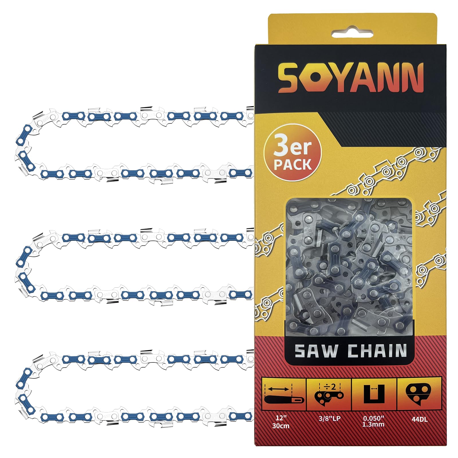 3 Pack Chainsaw Chains 12 Inch (30 cm), 44 Drive Links, 0,050" (1,3mm) Gauge, 3/8" Pitch, Replacement Saw Chain, Low-Kickback Chains fits for Stihl, Oregon, Black & Decker etc.