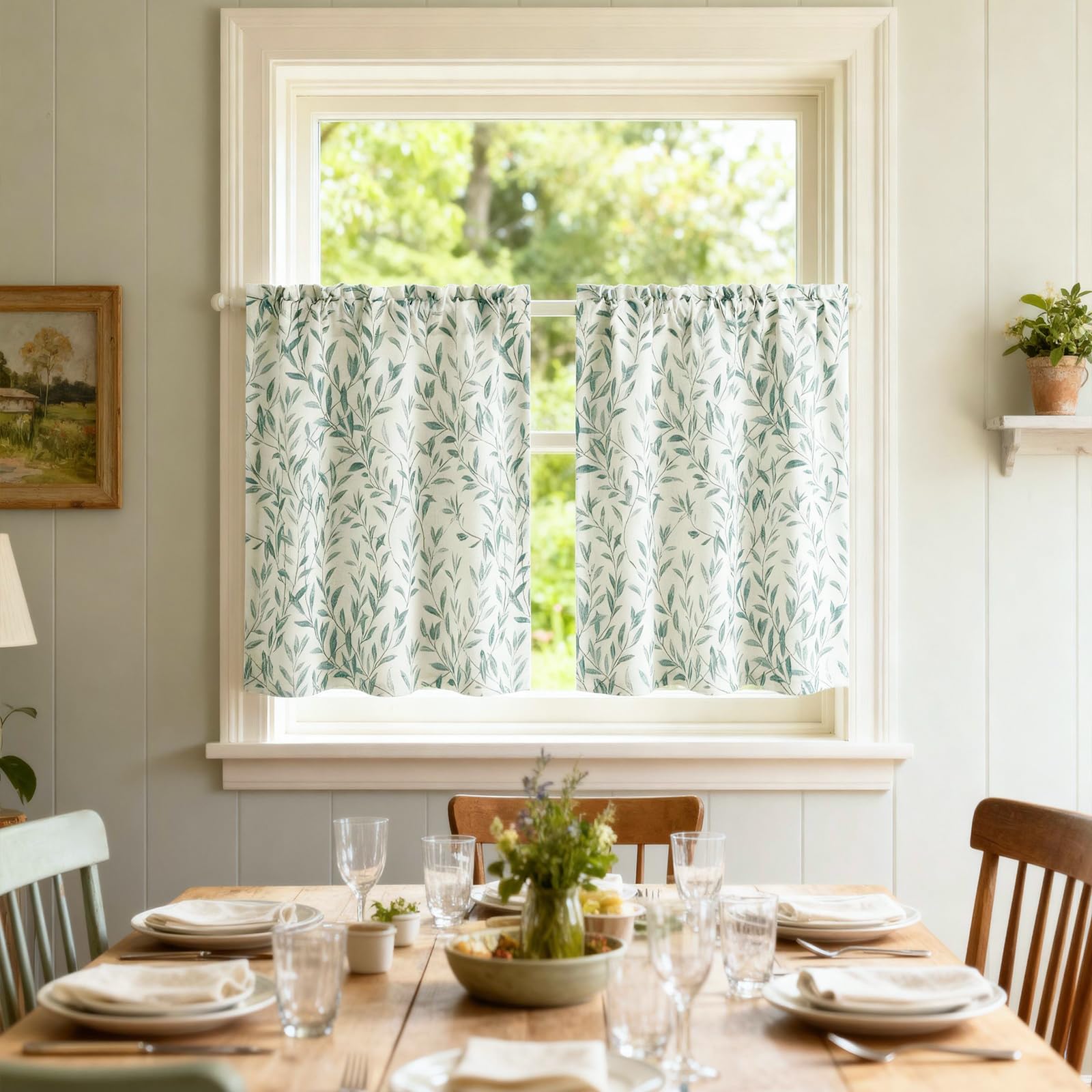 VOGOL Window Tiers Curtains 36 Inch Leaves Print Valances for Kitchen Lattice, Top Pocket Half Curtain Tier for Kid's Room Bedroom, 2 Panels, 30X36 Inch, Blue