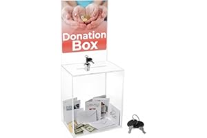 MY CHARITY BOXES Clear Donation Box for Fundraising with Lock & Display Sign Holder, Raffle Box, Tip Box, Secure Ballot Box and Suggestion Box with Slot, Extra Large Ticket Box Size 16" x 8" x 6"