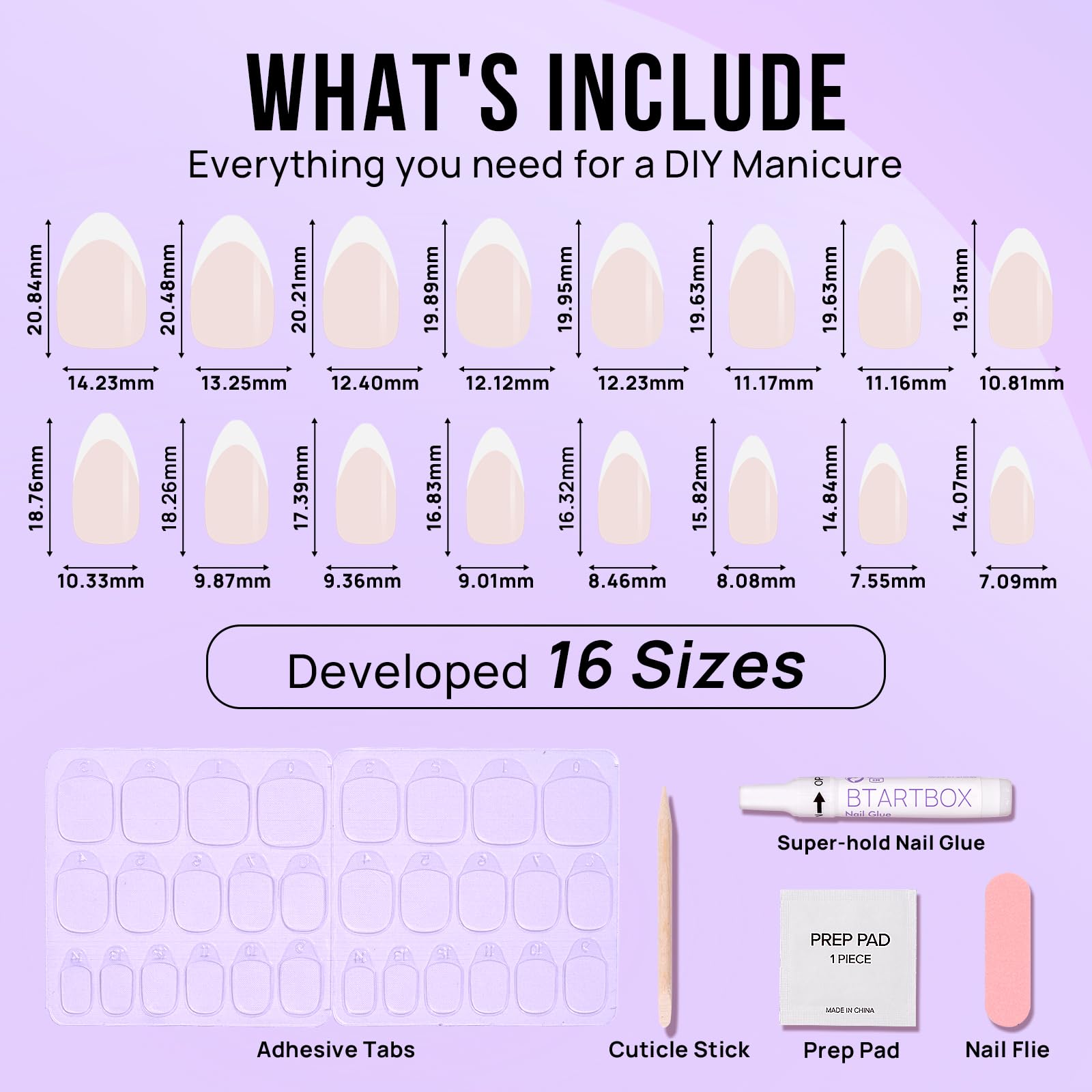 BTArtbox Press On Nails Short - French Tip Press On Nails, Almond Fake Nails White with Nail Glue, Fit Perfectly & Natural Reusable Stick On Nails in 15 Sizes Glue On Nails Kit, White French - Image 5