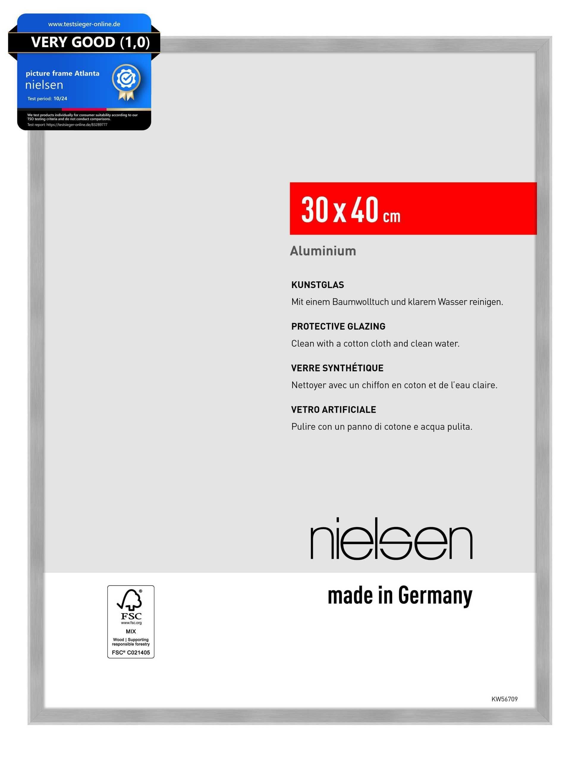 nielsen Atlanta Aluminium Picture Frame - Brushed Silver 30x40cm - with Synthetic Glass and Push-Turn Clips — image 1