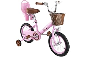 RULLY Retro Kids Bike with Training Wheels & Basket for 2-12 Years Old Girls & Boys, 12" 14" 16" Kids Bike with Doll Seat (Purple, Pink, Green, Beige)