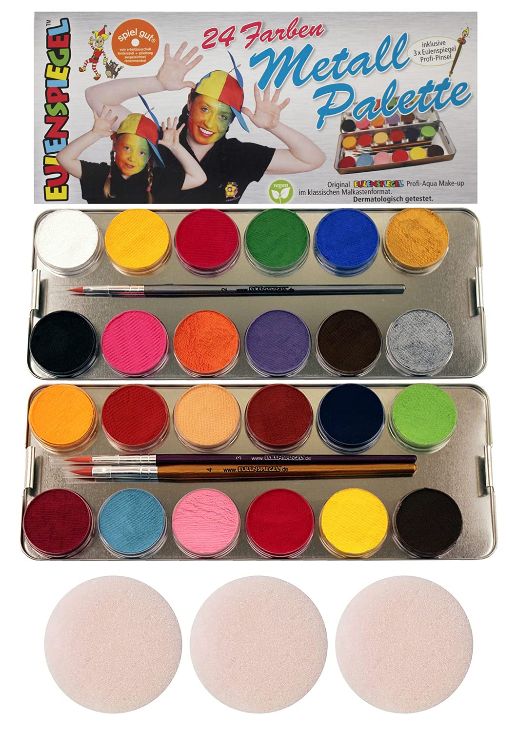 Eulenspiegel 224007 - Professional aqua makeup, 24 colors, 3 professional brushes, 3 sponges, metal palette