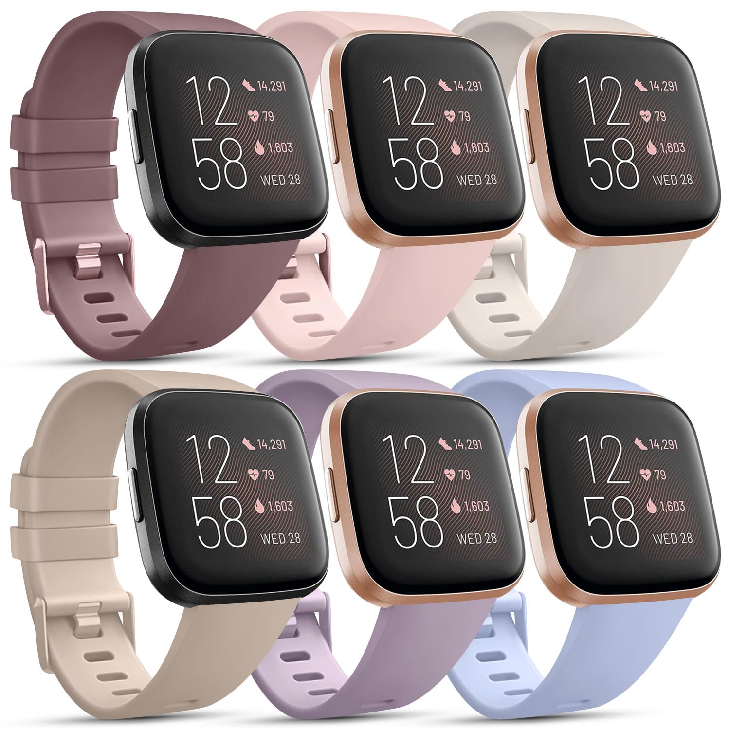 Wanme Pack 6 Strap for Fitbit Versa 2 Straps /Fitbit Strap/Fitbit Lite Strap, Compatible with Lite/Fitbit 2/Versa(L,Pack D), Violet Smoke/Starlight/Pink/Nude Blue/Violet/MilkTea — image 1