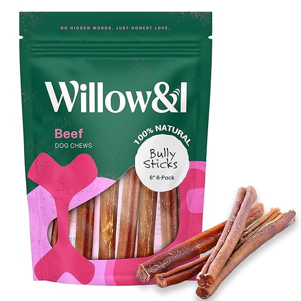 WILLOW & I BULLY STICKS FOR DOGS -6 INCH NATURAL BULLY STICKS FOR MEDIUM DOGS, SMALL & LARGE- PREMIUM 100% GRASS FED, SINGLE INGREDIENT, LONG LASTING, HIGH PROTEIN-GRAIN & RAWHIDE FREE (6″, 6 PACK)