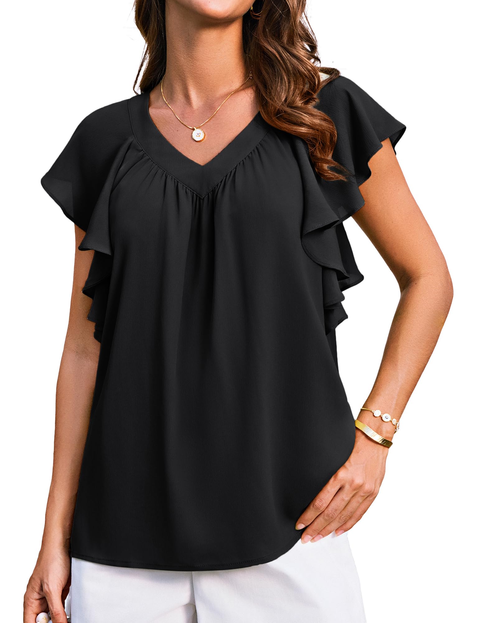 Photo 1 of 2025 Womens Shirts Ruffle Short Sleeve Black Blouses Dressy Casual Flowy V Neck Summer Work Tops Loose Fit