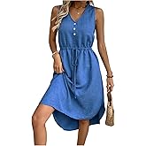SweatyRocks Women's Casual Loose Fit Midi Dresses Button V Neck Sleeveless Hem A-line Dress