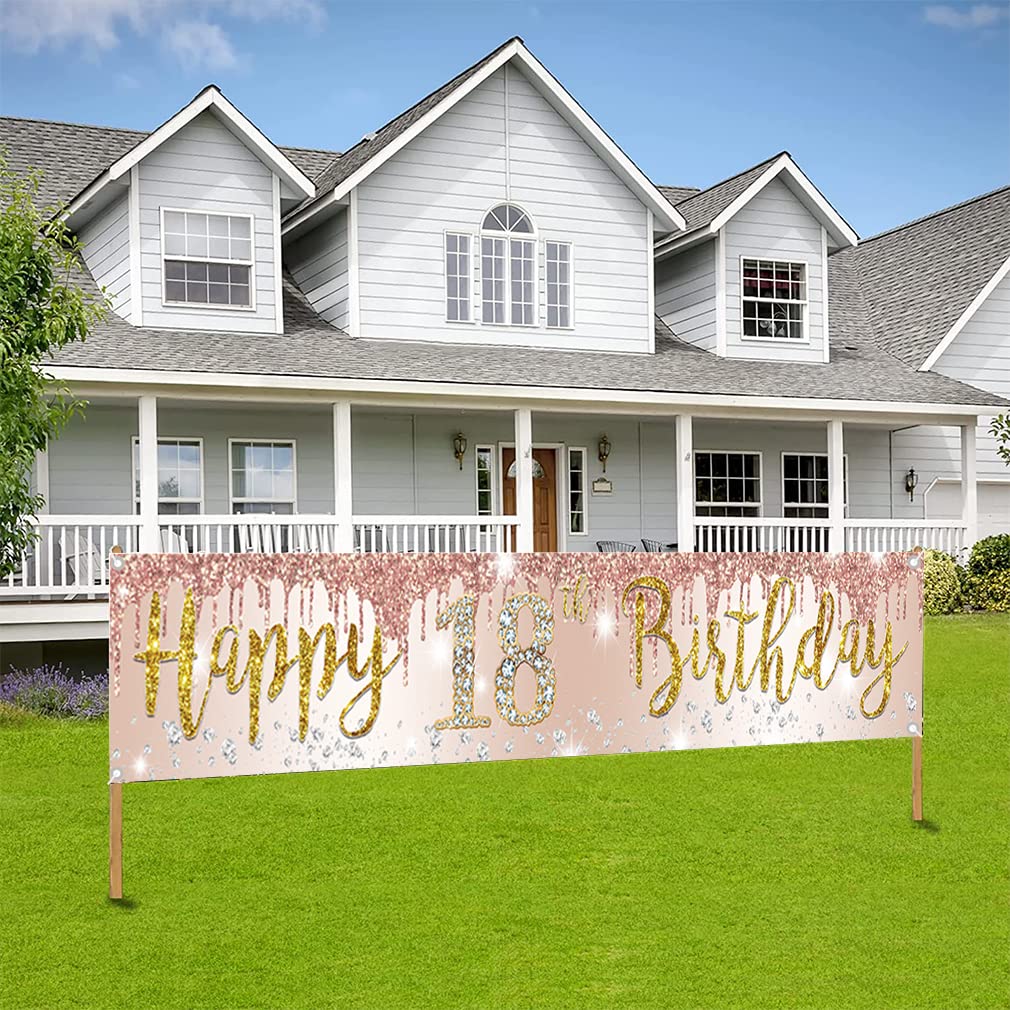 18th Birthday Decoration for Girl, Cute 18th Birthday Banner Rose Gold, Fabric Sign 18th Birthday Poster, 18th Birthday Yard Banner For Girls Birthday Party Welcome Sign Garden Decoration