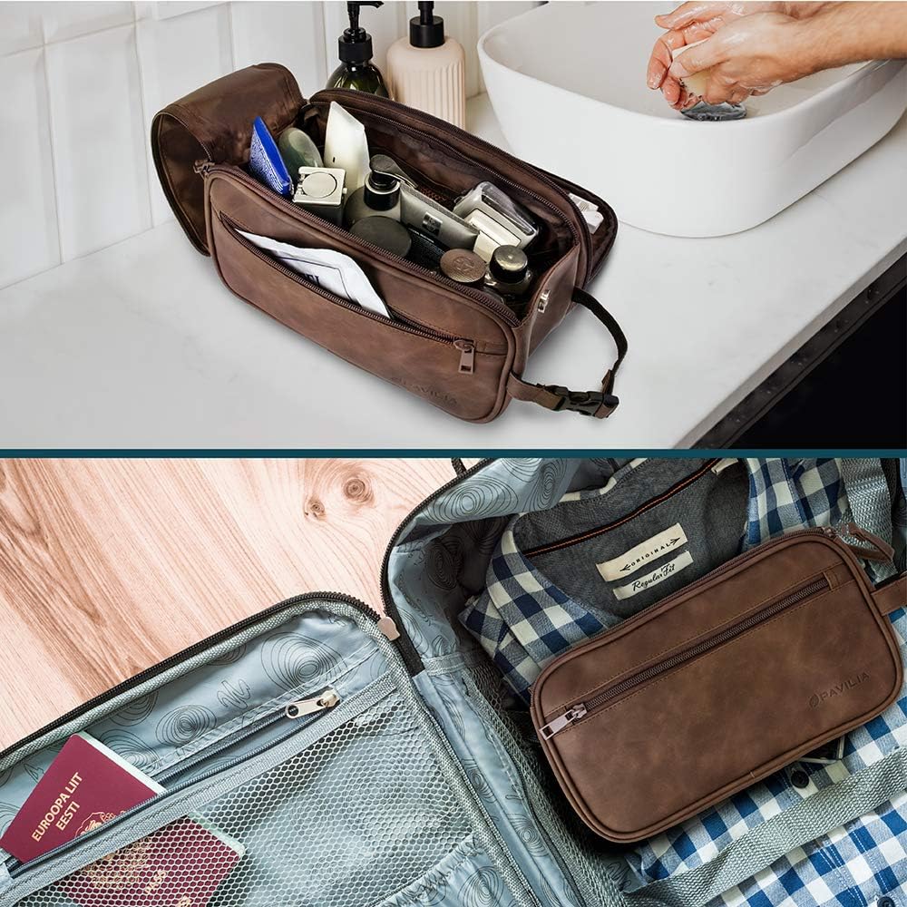 PAVILIA Toiletry Bag for Men, Travel Toiletries Bag | Water-resistant Dopp Kit, PU Leather Shaving Bag Organizer for Toiletry Accessories, Grooming, Hygiene, Cosmetic (Brown): Clothing