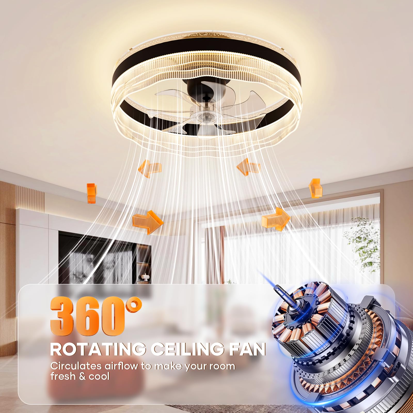 kejector Low Profile Ceiling Fan with Light,20 Inch Fandelier Ceiling Fans with Lights and Remote App Control,360°Oscillation Bladeless Flush Mount LED Fan Light for Bedroom Living Dining Room
