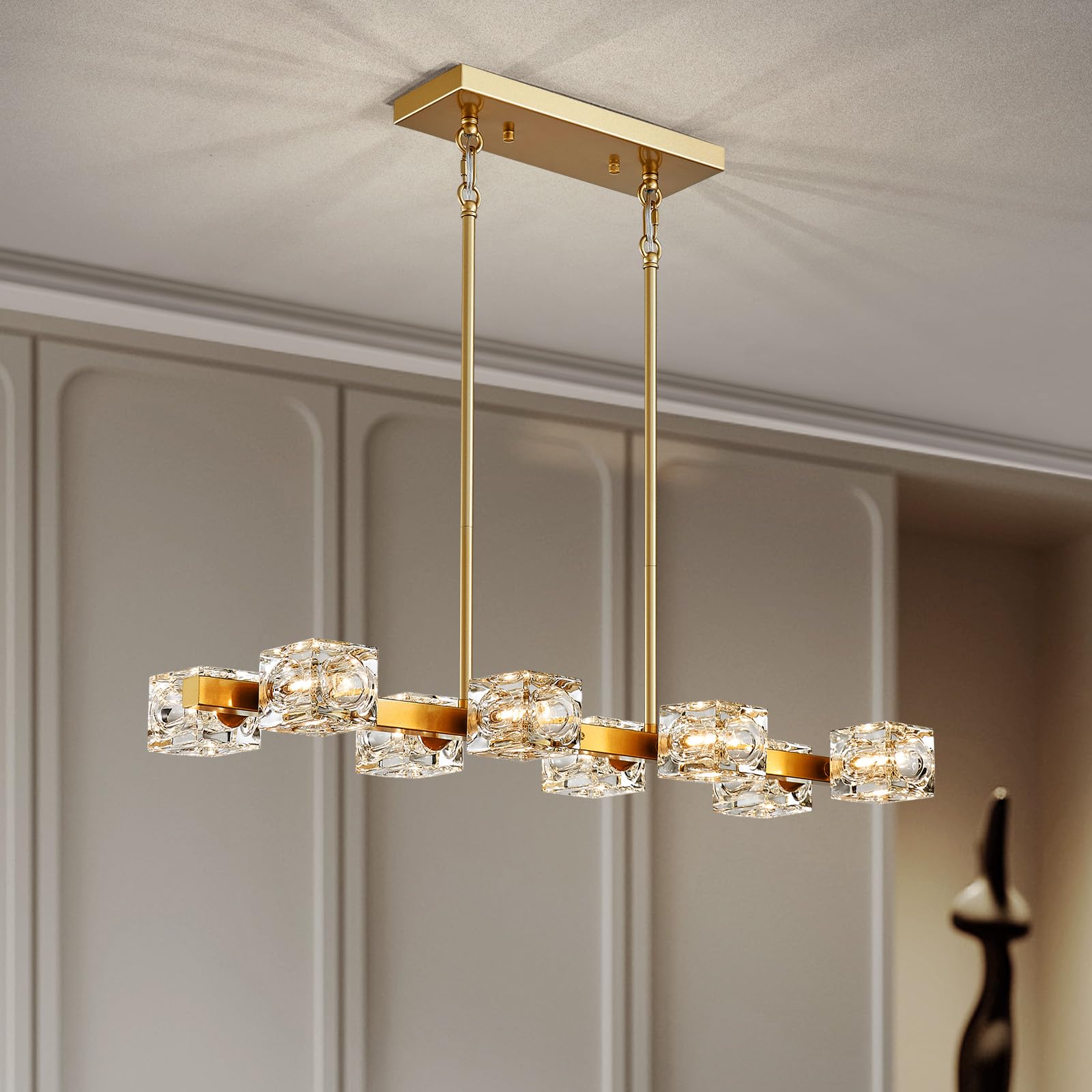 Photo 1 of XINGQI Rectangular Chandelier for Dining Room 31.5" Gold Sputnik Chandelier 8-Light Glass Linear Kitchen Island Pendant Lighting Fixture for Living Room Bedroom