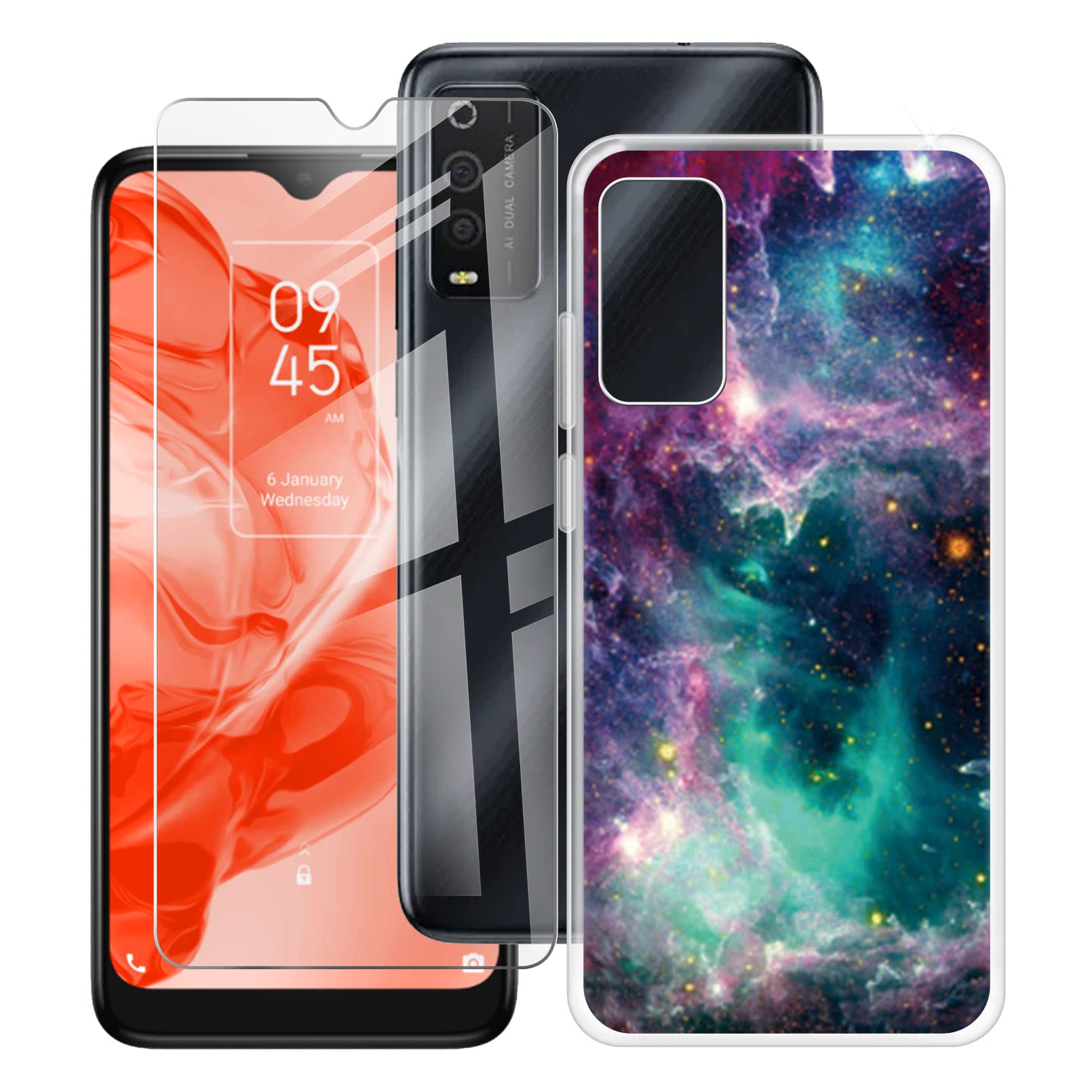 HHUAN Phone Case Cover for TCL 205 (6.22'') with Tempered Glass Film, Ultra Soft Clear Silicone TPU Protective Case for TCL 205 - WMA33