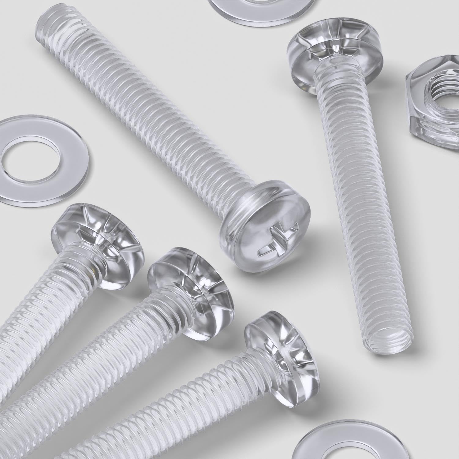 Pack of 60 Transparent Clear Plastic Acrylic M3 x 20mm Nuts & Bolts, Washers -Acrylic Plastic Screws