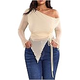 RoseSeek Women's Plus Size Sheer Mesh Off Shoulder Tops Long Sleeve Drawstring Asymmetrical Hem Ruched T Shirt