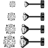 XUU Flat Back Stud Earrings, Implant Grade Titanium Earrings Set for Women, Hypoallergenic 20G Screw Back Earrings for Sensitive Ears, 3–6mm CZ Crystal, Gold Silver Black