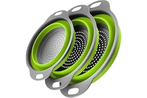 ONFAMICO Collapsible Colander Set of 3 - Heat Resistant Washing and Draining of Vegetables Fruits Pasta - Perfect for Kitchen and Travel Use (3PCS-Green)