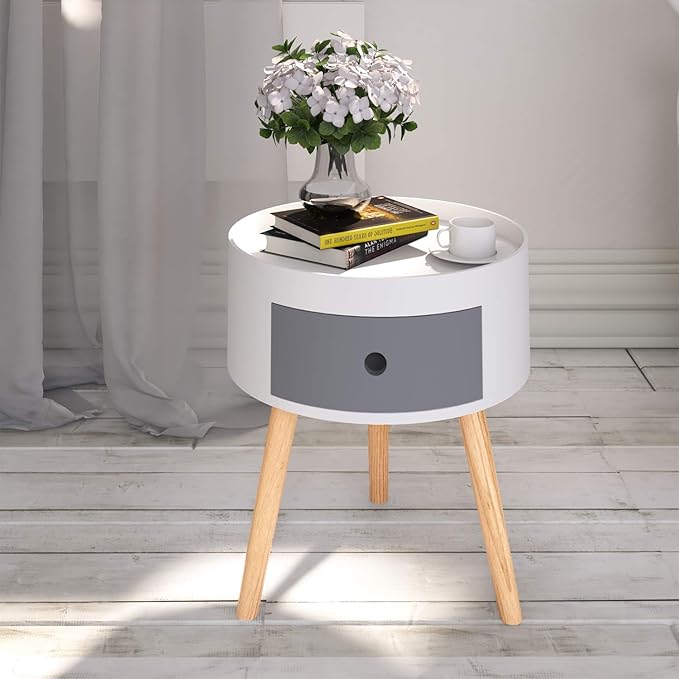 Beliwin Bedroom Bedside Table Small White Round with 1 Drawer and 3