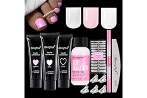 Polygel Toenail Kit ,GlimightyX Clear White Pink Poly Gel Nail Kit for Toes with Toenail Dual Forms , 40ml Slip Solution 5 Pcs Nail Clips Polygel Brush and Nail File,Toenail Starter Kit