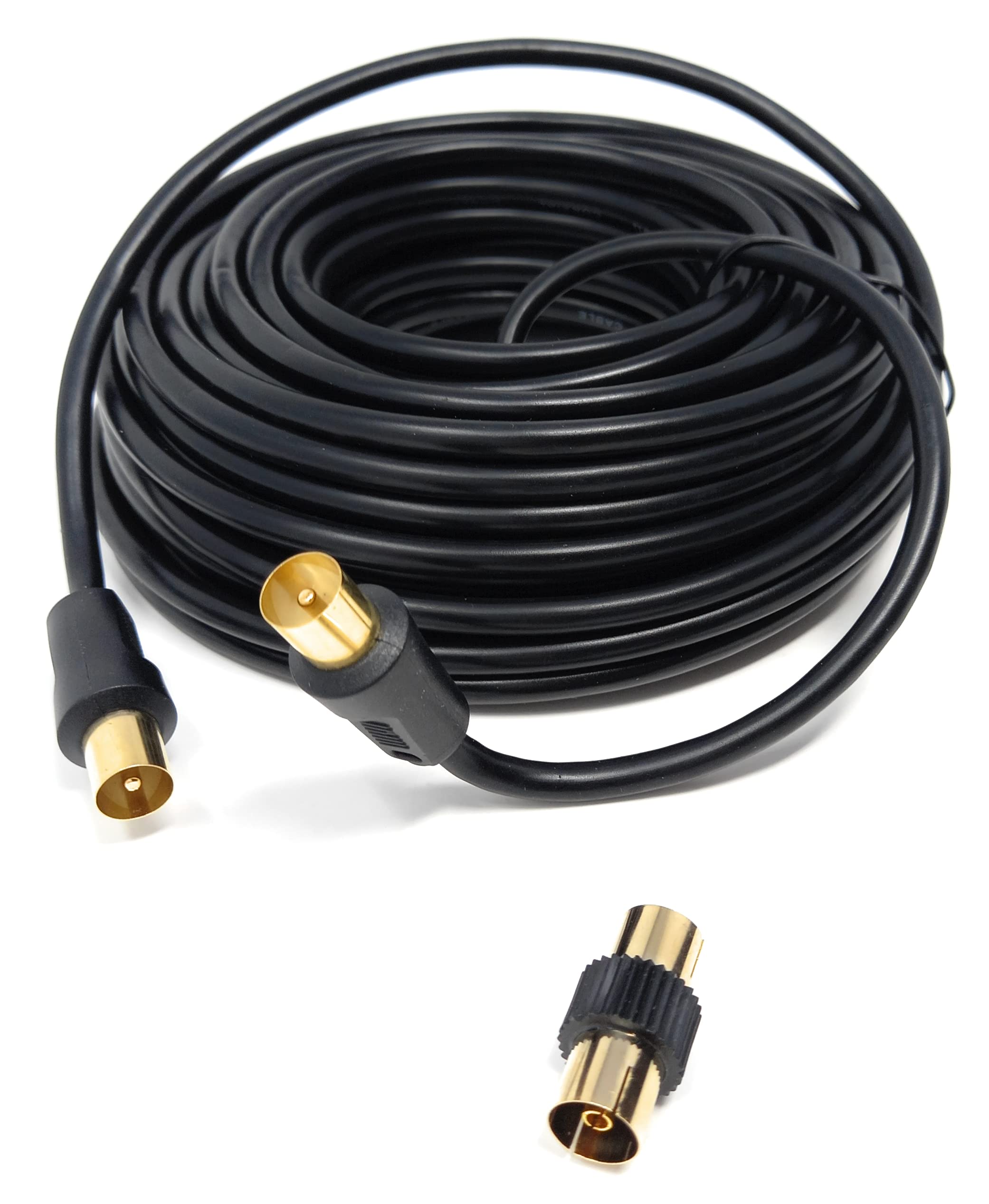 DRUT 15m TV RF Male to Male Aerial Antenna Coaxial Cable With Female to Female Coupler, Gold Connectors 75 ohm, 3C2V 50ft Black