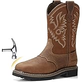 HISEA NINGO Steel Toe Work Boots for Men, Waterproof Square Toe Cowboy Boots Slip on, Comfortable Soft Toe Pull on Western Safety Work Shoes for Construction Industrial Working Welding Riding, Brown