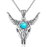 AXOMY Bull Skull Necklace S925 Sterling Silver Boho Turquoise Necklaces Pendant Western Jewelry Gifts for Women Men