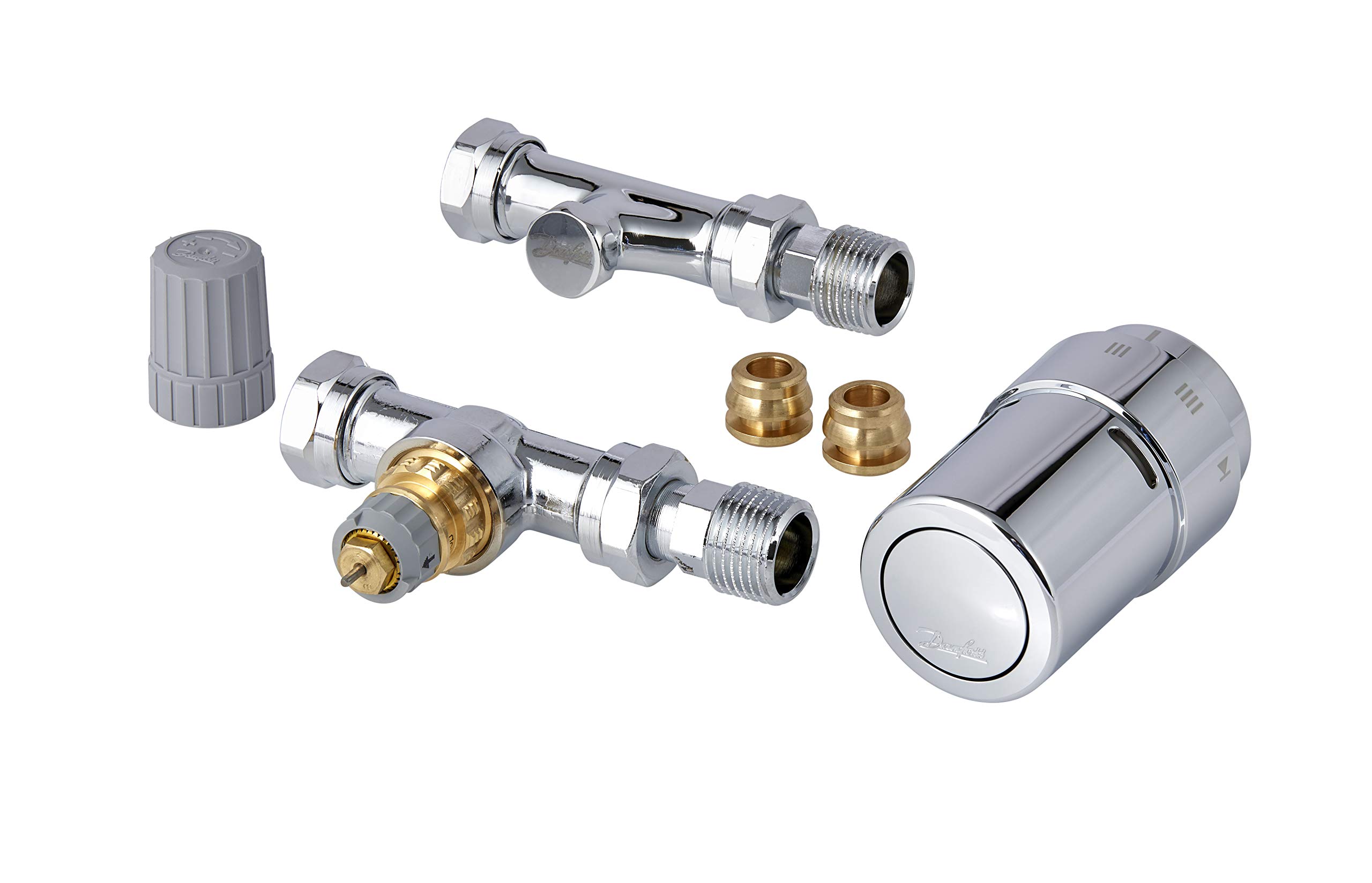 Danfoss RAS-D2 Sensor Radiator Thermostats Bundled with RA-FS 15mm Bi-Directional Straight Valve and Fittings - Maximum User Flexibility, Easy Installation (Chrome)