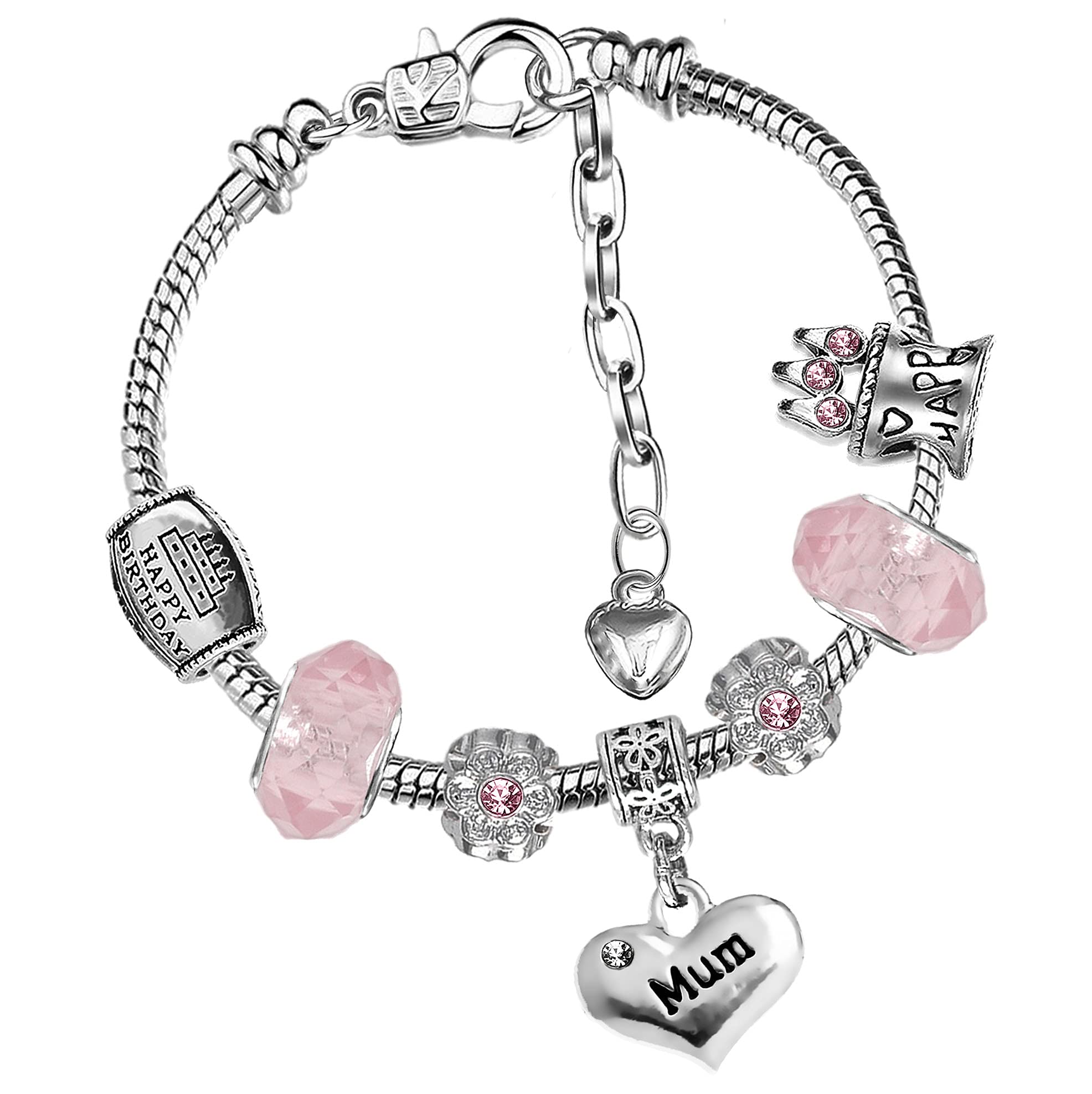 Mum Mother Sparkly Birthday Charm Bracelet with Gift Box Womens Jewellery (1. Sparkly Pink)