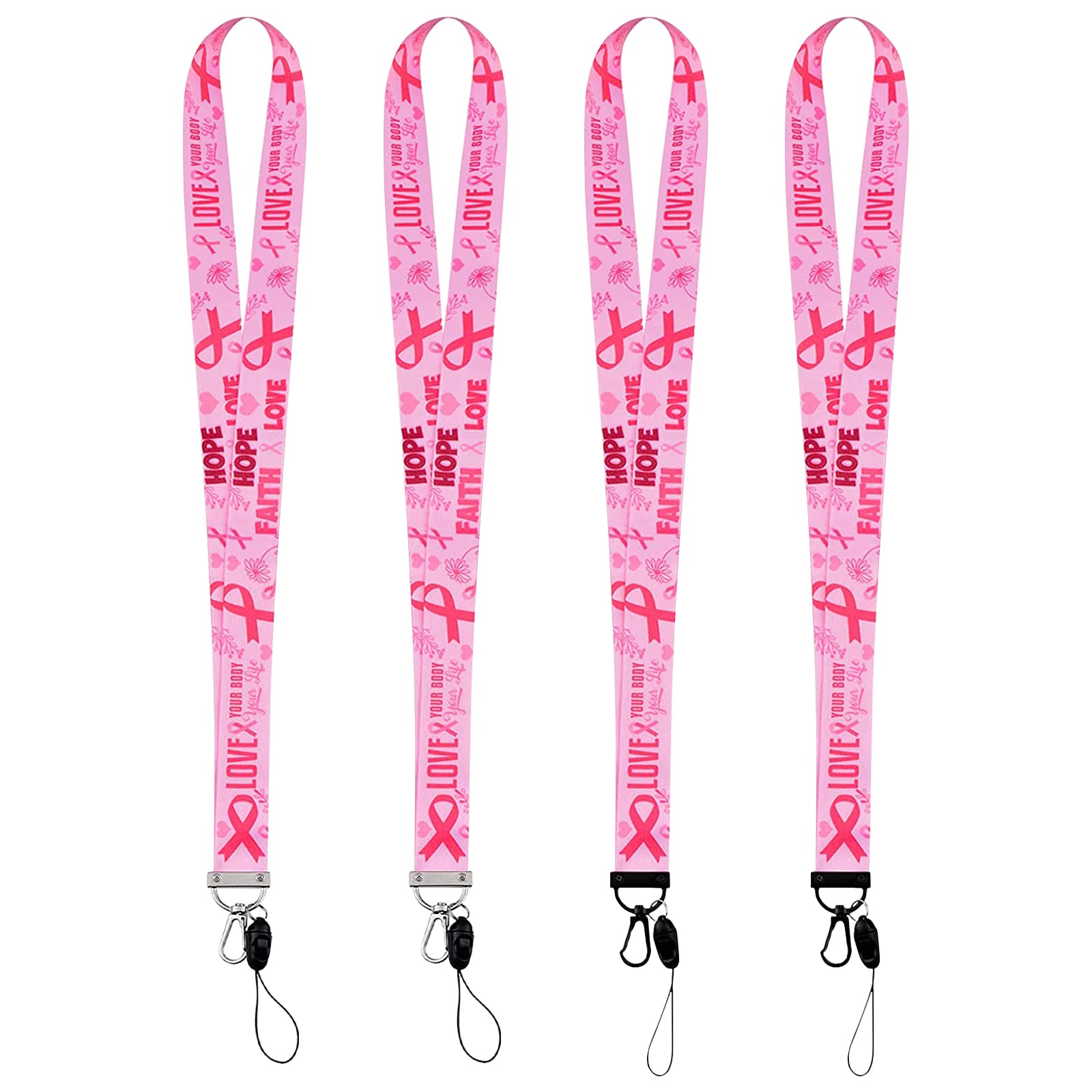 WANDIC Pink Breast Cancer Awareness Lanyards, 4 Pcs Soft & Silky Pink Ribbon Neck Strap Lanyard Detachable Breakaway Buckle For Key Chain ID Badge Holder