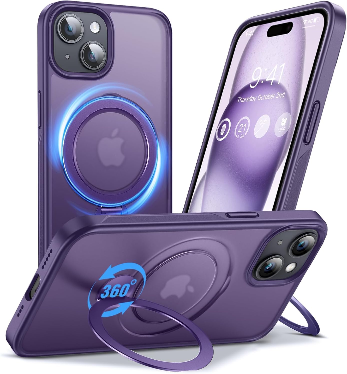 Anqrp 360° ALL-in-ONE Stand Case for iPhone 15 Case with Rotatable Magnetic KickStand Ring Holder, Compatible with MagSafe, Shockproof Translucent Matte Phone Cover for iPhone 15, Purple