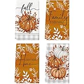 Artoid Mode Orange Buffalo Plaid Polka Dot Pumpkin Fall Kitchen Towels Dish Towels, 18x26 Inch Farmhouse Eucalyptus Leaves Decoration Hand Towels Set of 4