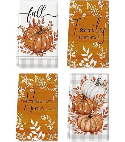 Jiudungs Fall Kitchen Towels Set Of 2, Leaves Pumpkin Dog Orange