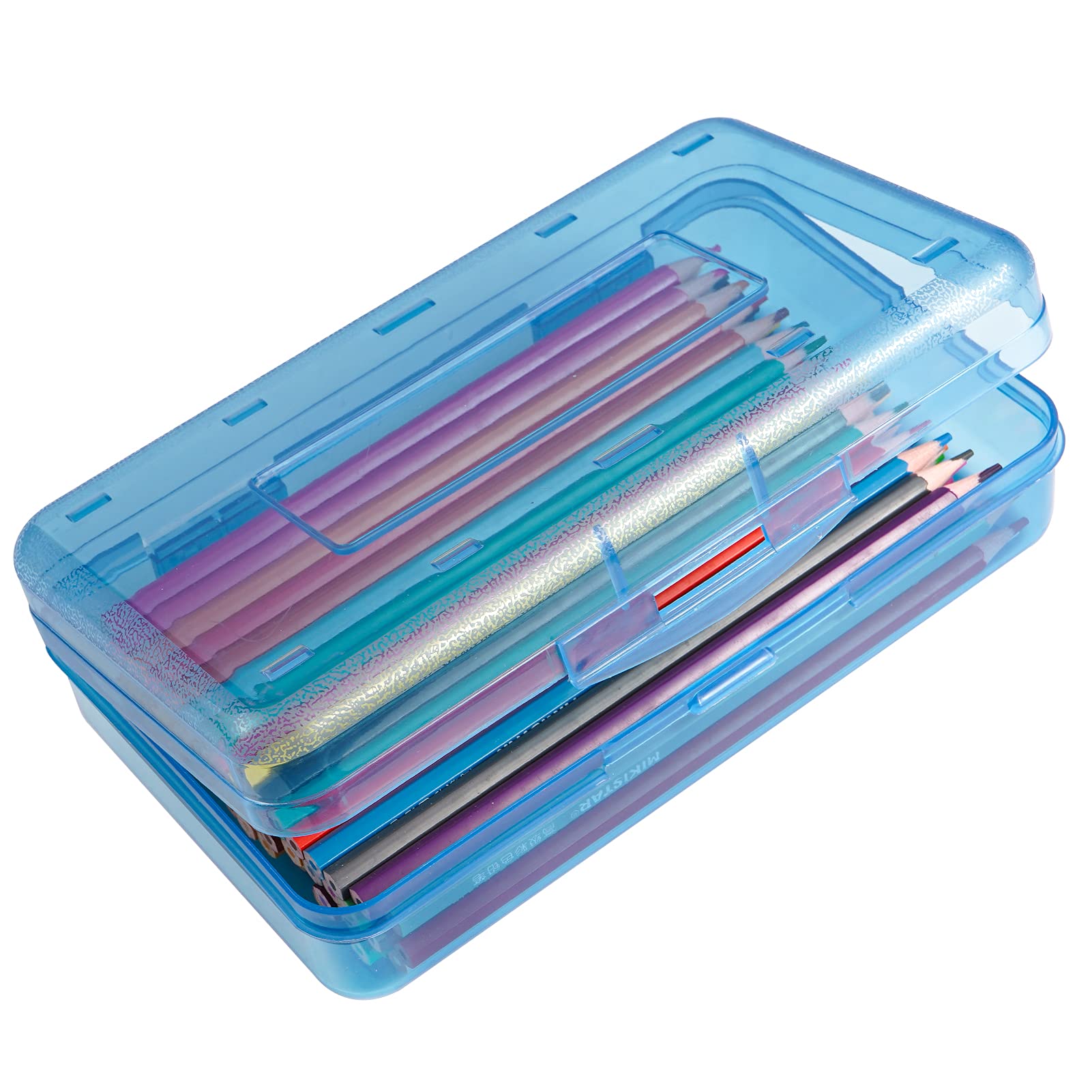 Photo 1 of DANRONG Colored Plastic Pencil Box, Large Capacity Pencil Case, Pencil Boxs for Kids Adults, Hard Crayon Box Storage with Snap-Tight Lid for School Office Supplies (Blue)