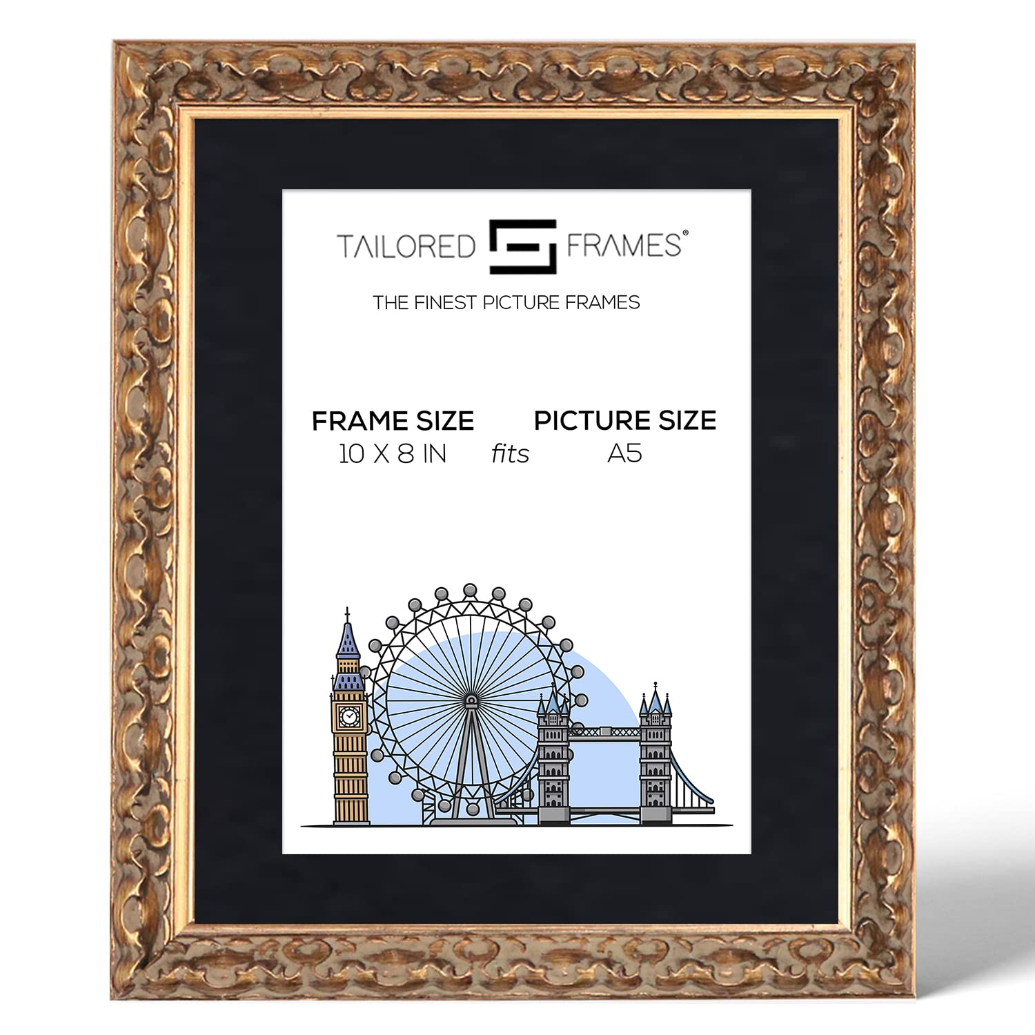 Tailored Frames Vienna Gold 10" x 8" Frame for A5 Picture | Rustic Style Vintage Single Picture Frame | Table Top & Wall Hanging Type | Photo Frame with Black Mount