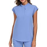 VECARDI Women's Scrub Top 4 Way Stretch Shirts Zipper Up Work Blouse Short Sleeves Top with Two Pockets